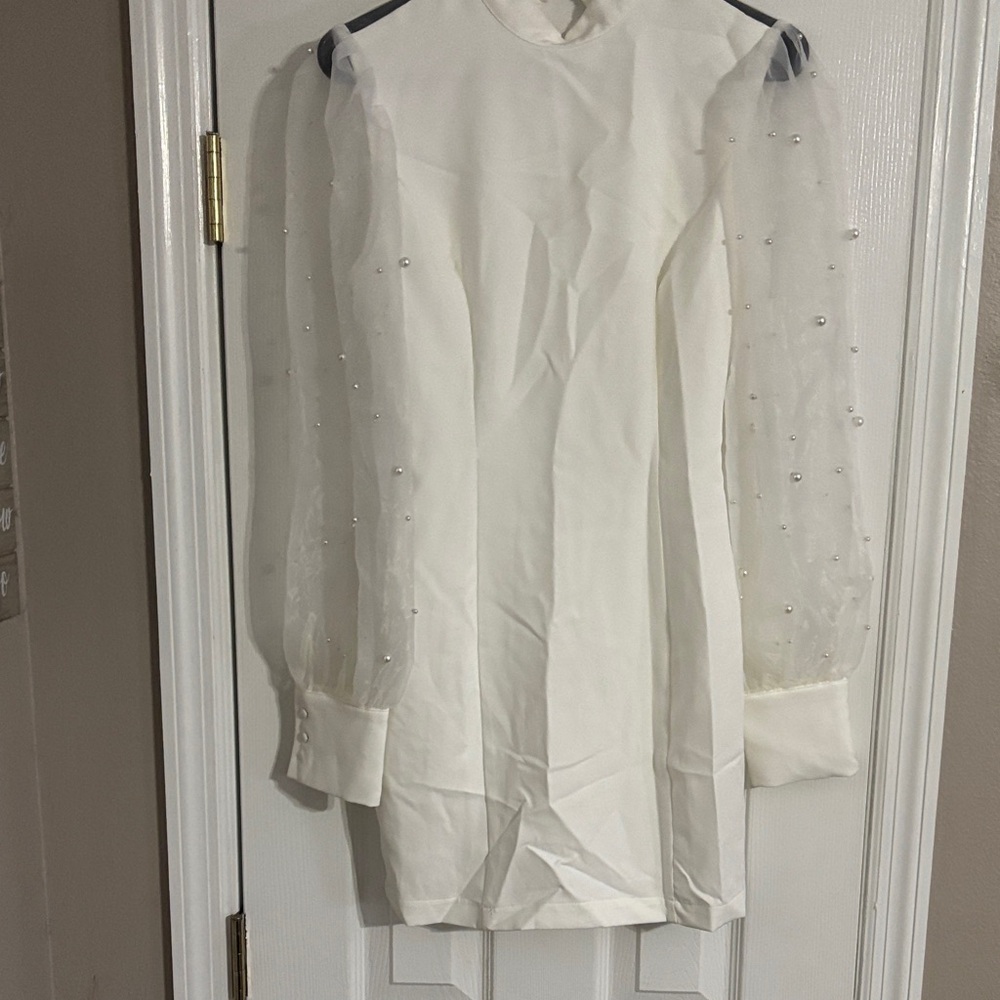 Main Strip Cream Dress with Sheer Details